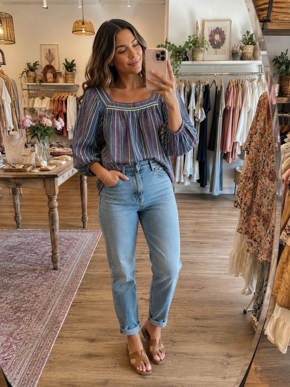 Boho Striped Peasant Blouse Blue Square Neck Puff Sleeve Top Woman's - Picture 2 of 6